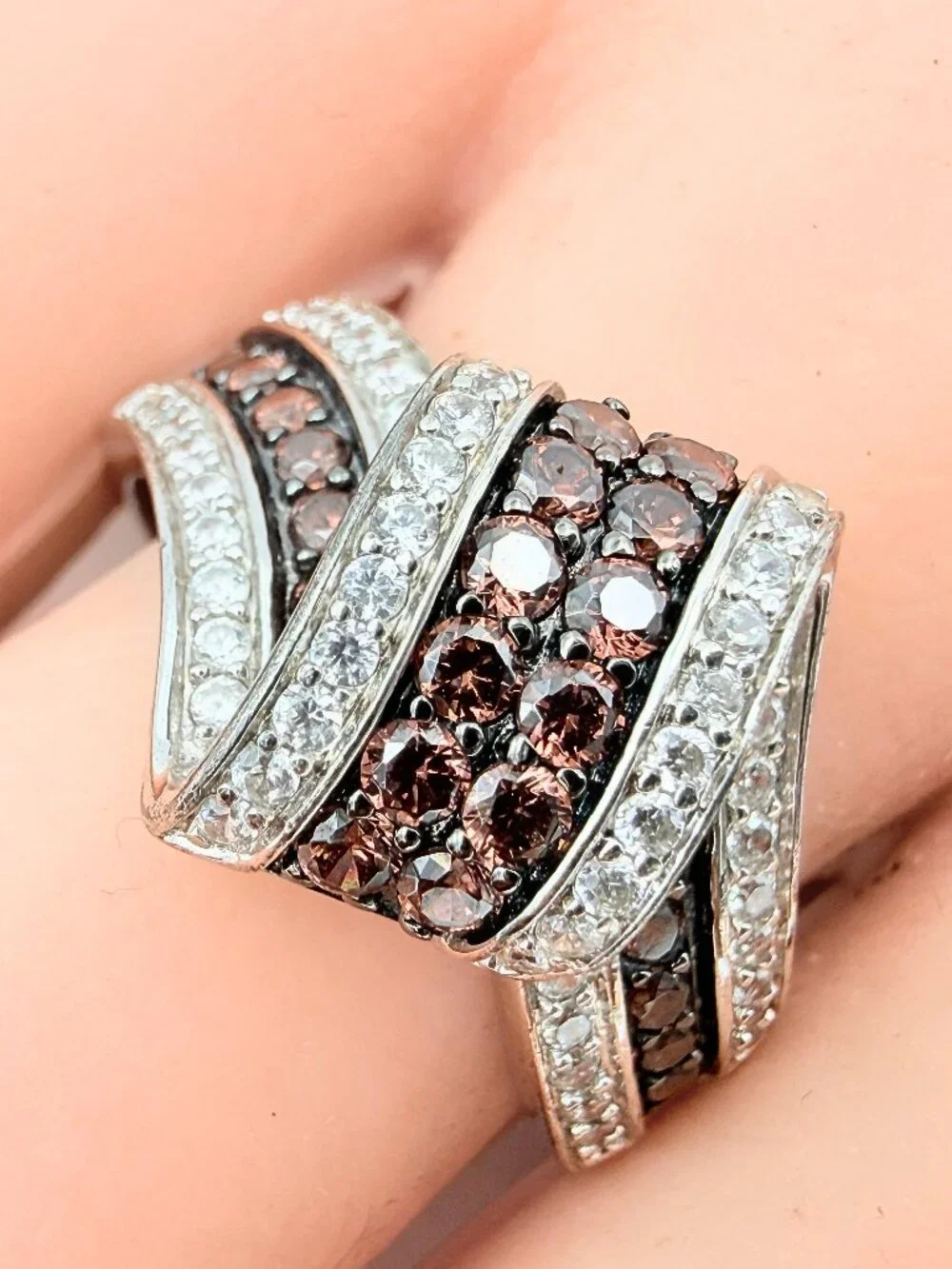 Elegant Marked Sterling Silver Brown White CZ Multi Row Bypass  Ring Sz 9.75